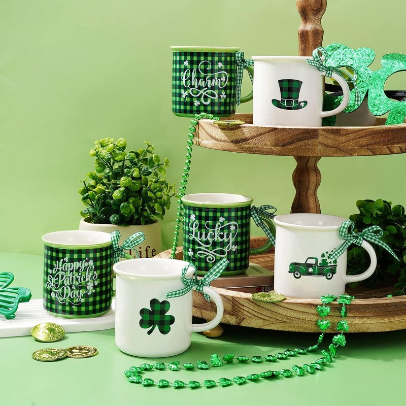 Whaline 6Pcs St. Patrick's Day Mini Coffee Mug with Ribbon Green Black Plaid Shamrock Hat Truck Mini Mug Irish Holiday Tiered Tray Decor for Holiday Table Centerpieces Decor Housewarming Gift - Image 5