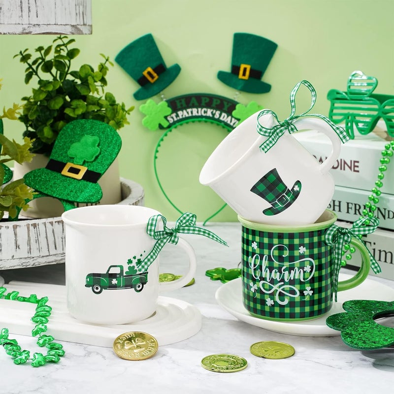 Whaline 6Pcs St. Patrick's Day Mini Coffee Mug with Ribbon Green Black Plaid Shamrock Hat Truck Mini Mug Irish Holiday Tiered Tray Decor for Holiday Table Centerpieces Decor Housewarming Gift - Image 4