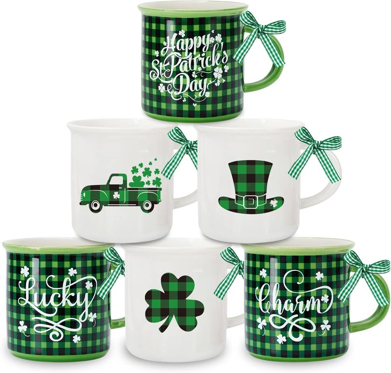 Whaline 6Pcs St. Patrick's Day Mini Coffee Mug with Ribbon Green Black Plaid Shamrock Hat Truck Mini Mug Irish Holiday Tiered Tray Decor for Holiday Table Centerpieces Decor Housewarming Gift - Image 1