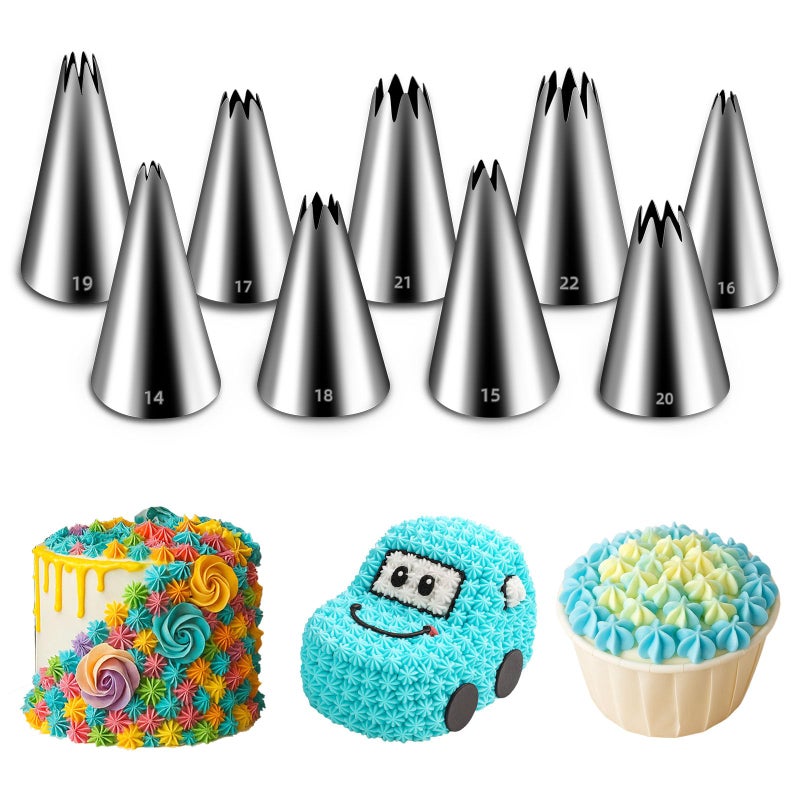 Suuker Open Star Piping Tips Set,9 Pieces French Star Tube Set Frosting Nozzle Kit,Stainless Steel Star Pastry Tips for Cupcakes Cakes Cookies Decorating (Small Size) - Image 1