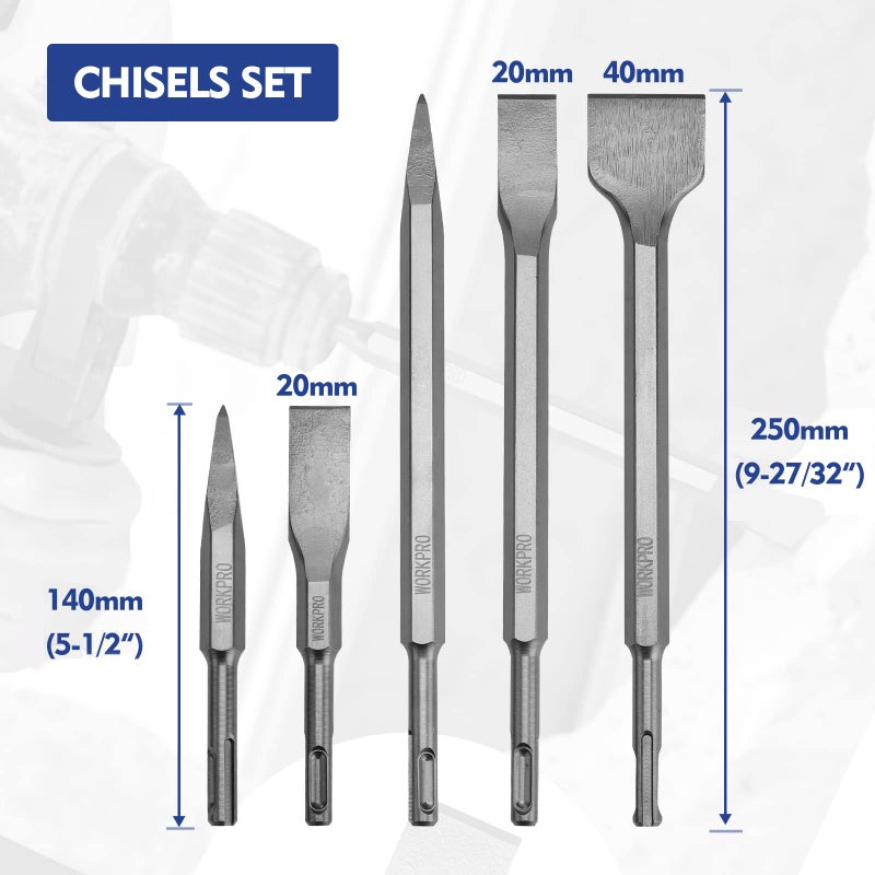 WORKPRO 17-Piece SDS-Plus Rotary Hammer Drill Bits and Chisel Set, Carbide-Tipped Masonry Drill Bits and Chisels for Concrete, Stone, Brick, with Storage Case - Image 4