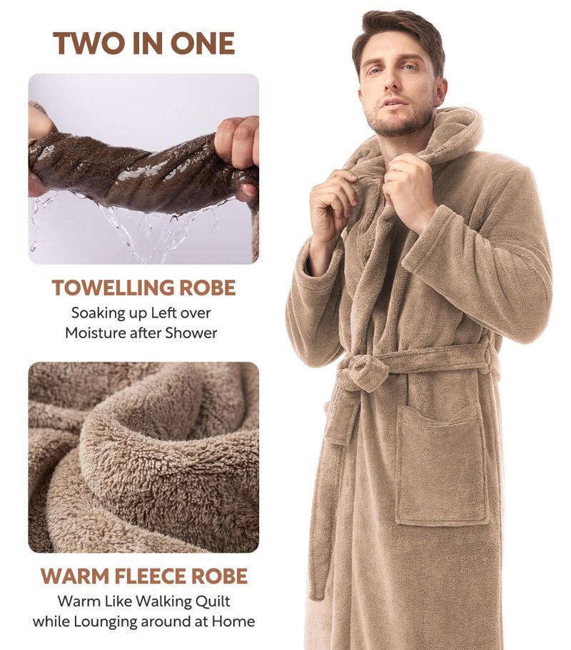 DAVID ARCHY Mens Robe with Hood Coral Fleece Microfiber Warm and High Absorbent Towel Bathrobe for Menï¼ˆL,Light Coffeeï¼‰ - Image 2