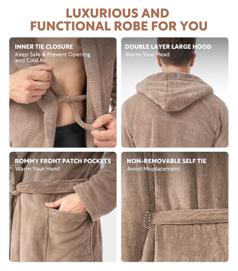 DAVID ARCHY Mens Robe with Hood Coral Fleece Microfiber Warm and High Absorbent Towel Bathrobe for Menï¼ˆL,Light Coffeeï¼‰ - Image 5