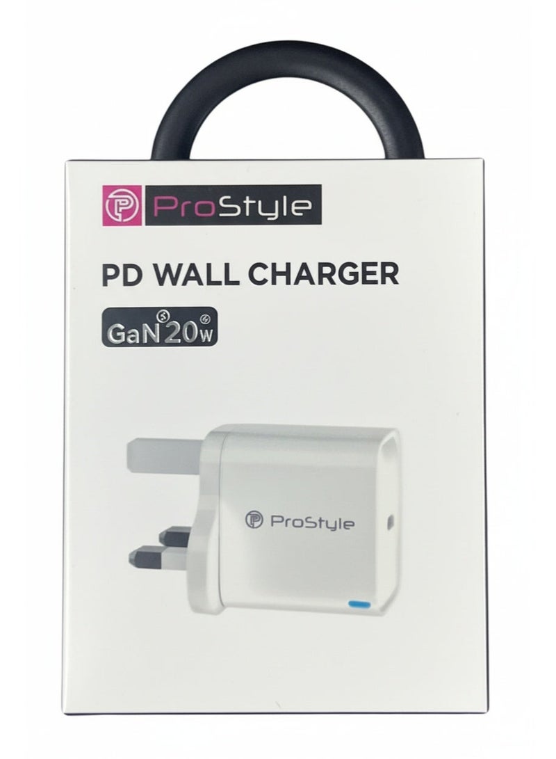 بروستايل شاحن حائط GaN بقوة 20 وات PSG720C - محول طاقة USB-C صغير الحجم باللون الأبيض، ووحدة شحن سريعة PD3.0 لأجهزة iPhone وSamsung والكمبيوتر اللوحي واستخدام السفر - Image 1
