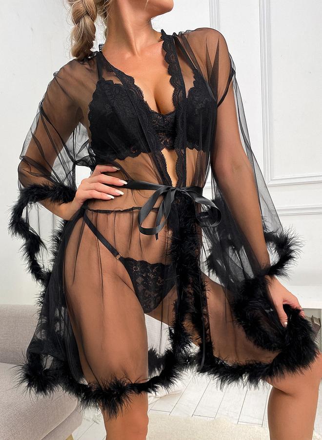 Take Two Black Feather Trim Mesh Robe - Image 4