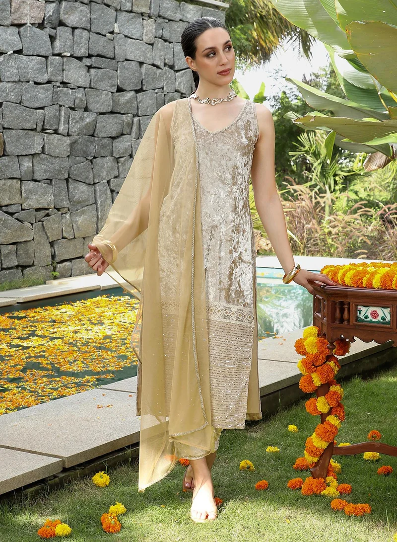 Qissa  Women's Velvet-Gleam Kurta Set For Ethnic Wear | V-Neck, Sleeveless | Embroiderd-Block Textured Woven Fabric | 3 Piece Kurta Set Designed For Evening & Party Wear | Saltbox Beige for Women | Best Price UAE