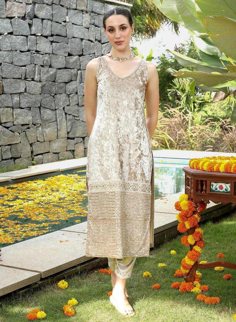 QISSA Women's Velvet-Gleam Kurta Set For Ethnic Wear | V-Neck, Sleeveless | Embroiderd-Block Textured Woven Fabric | 3 Piece Kurta Set Designed For Evening & Party Wear | Saltbox Beige