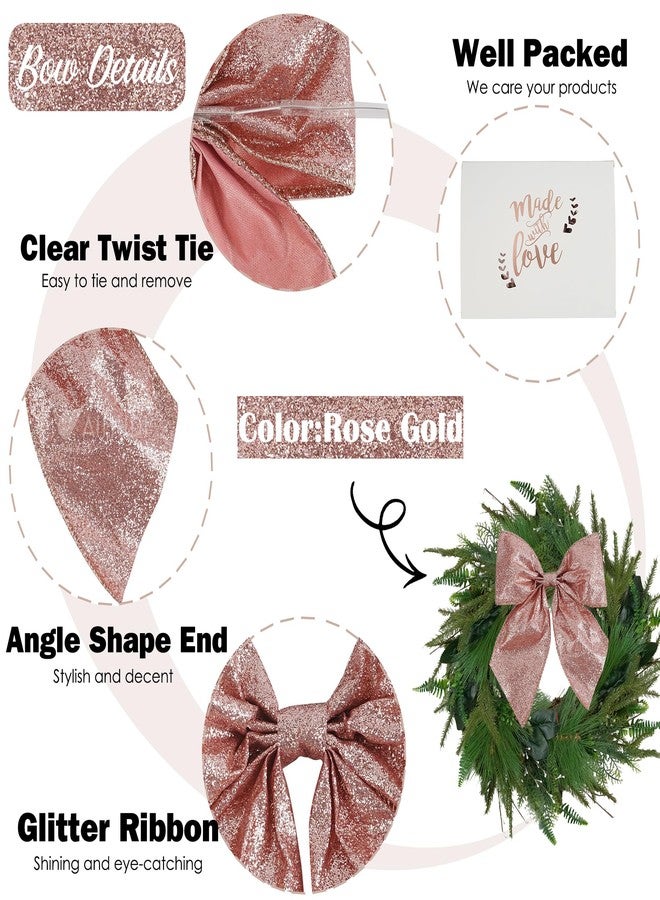 AIMUDI Rose Gold Glitter Wired Ribbon Bows with Twist Tie 5.5" Premade Metallic Christmas Bows for Gift Wrapping, Wreath, Garland, Holiday Crafts Party Home Outdoor Christmas Tree Decorations, 12 PCs - Image 3
