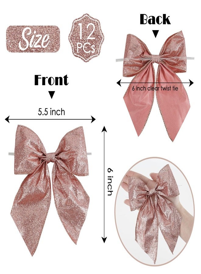 AIMUDI Rose Gold Glitter Wired Ribbon Bows with Twist Tie 5.5" Premade Metallic Christmas Bows for Gift Wrapping, Wreath, Garland, Holiday Crafts Party Home Outdoor Christmas Tree Decorations, 12 PCs - Image 2
