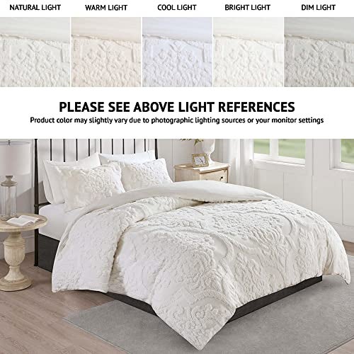 Madison Park Tufted Chenille 100% Cotton Duvet Modern Luxe All Season Comforter Cover Bed Set with Matching Shams, Full/Queen(90"x90"), Damask Off White 3 piece - Image 2