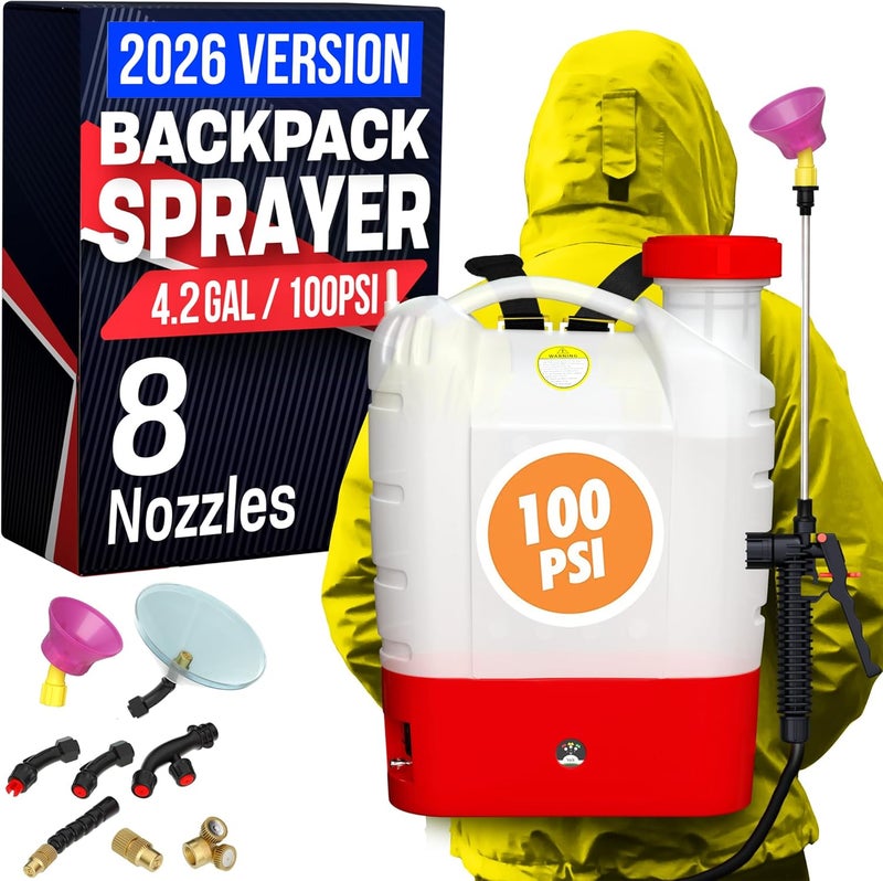 NPGLOBAL رشاش ظهر يعمل بالبطارية - 4.2 جالون، 8 فوهات، 100 PSI قطع، عمر بطارية طويل، فوهة واسعة، خرطوم رش عالي الضغط، قفل الزناد، وحدة تحكم زر الضغط - Image 1