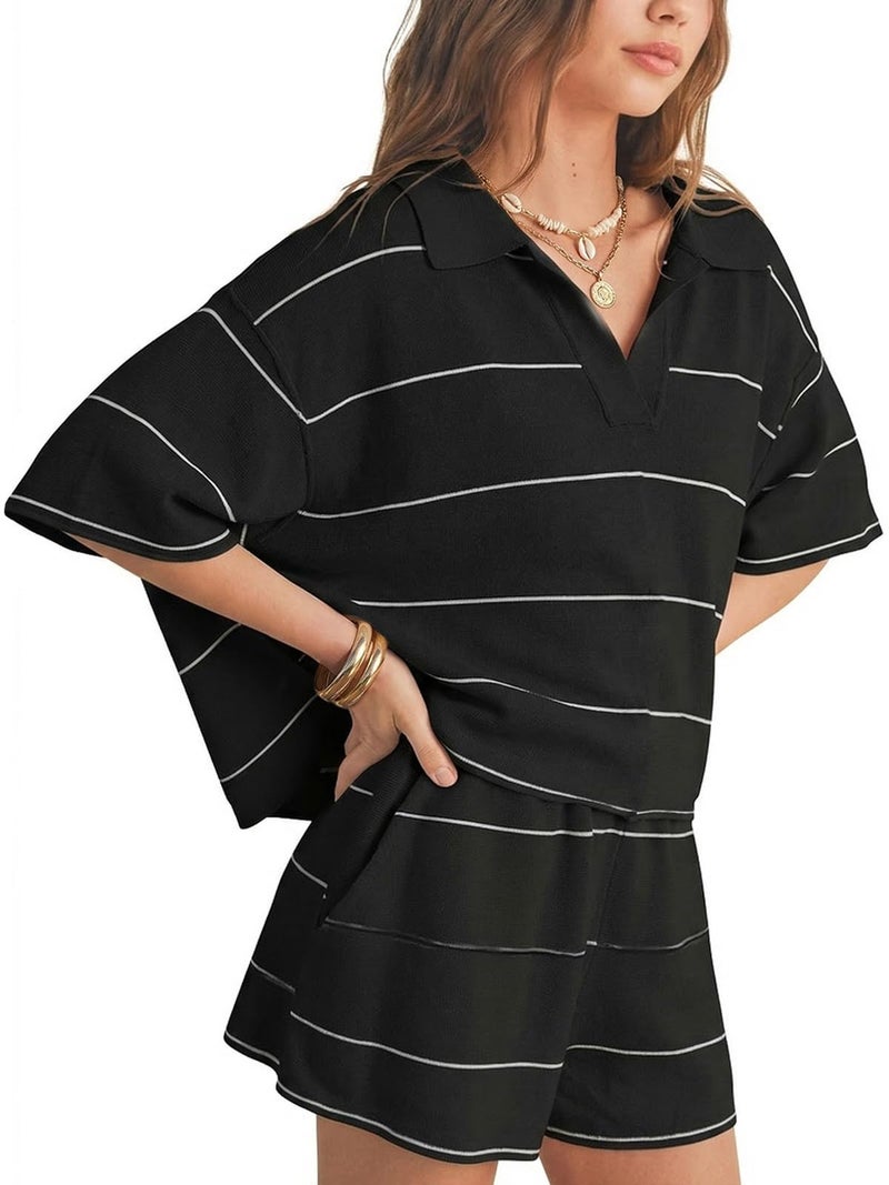EXLURA Women Summer 2 Piece Outfits Faux Cashmere Sweater Knit Oversized Polo V Neck Top Matching Shorts Vacation Lounge Sets - Image 1