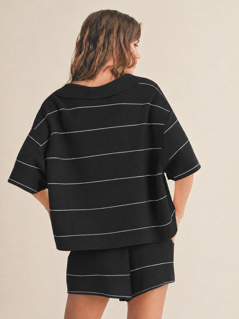 EXLURA Women Summer 2 Piece Outfits Faux Cashmere Sweater Knit Oversized Polo V Neck Top Matching Shorts Vacation Lounge Sets - Image 4