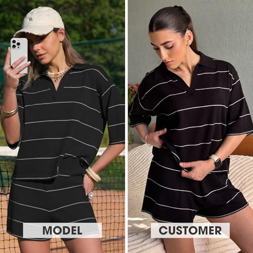 EXLURA Women Summer 2 Piece Outfits Faux Cashmere Sweater Knit Oversized Polo V Neck Top Matching Shorts Vacation Lounge Sets - Image 2