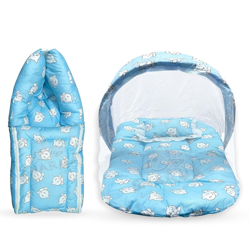 Sharma Clothing SHARMA CLOTHING New Born Baby Bedding Set Mosquito Net Bed Sleeping Bag Combo for 06 Months Baby Multicolored Teddy Sky Blue