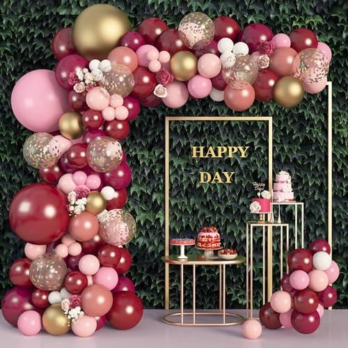 Amandir 162Pcs Burgundy Balloon Garland Arch Kit, Light Pink White Maroon Balloons Confetti Latex Metallic Gold Balloons for Birthday Bridal Baby Shower Wedding Graduation Party Decorations - Image 1