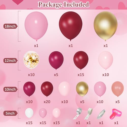 Amandir 162Pcs Burgundy Balloon Garland Arch Kit, Light Pink White Maroon Balloons Confetti Latex Metallic Gold Balloons for Birthday Bridal Baby Shower Wedding Graduation Party Decorations - Image 2