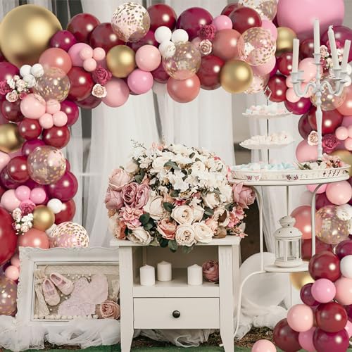 Amandir 162Pcs Burgundy Balloon Garland Arch Kit, Light Pink White Maroon Balloons Confetti Latex Metallic Gold Balloons for Birthday Bridal Baby Shower Wedding Graduation Party Decorations - Image 5