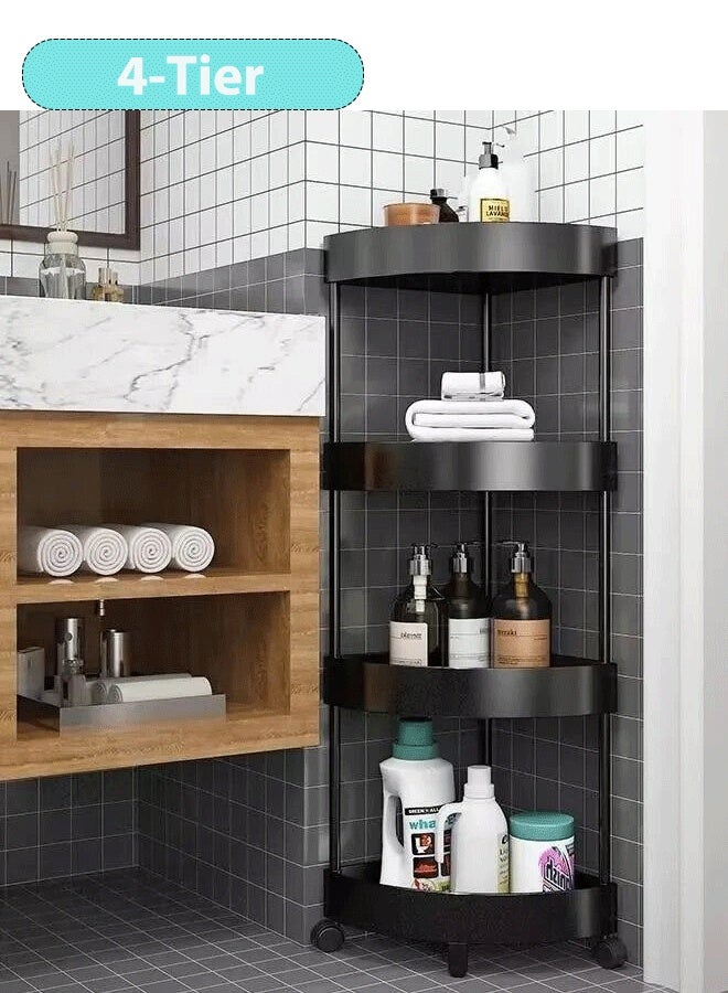 XiuWoo 4 Tier Floor Standing Corner Shower Caddy Organizer, Plastic Metal Splicing Floor Corner Shelf Rack Storage Stands for Bathroom Black - Image 1