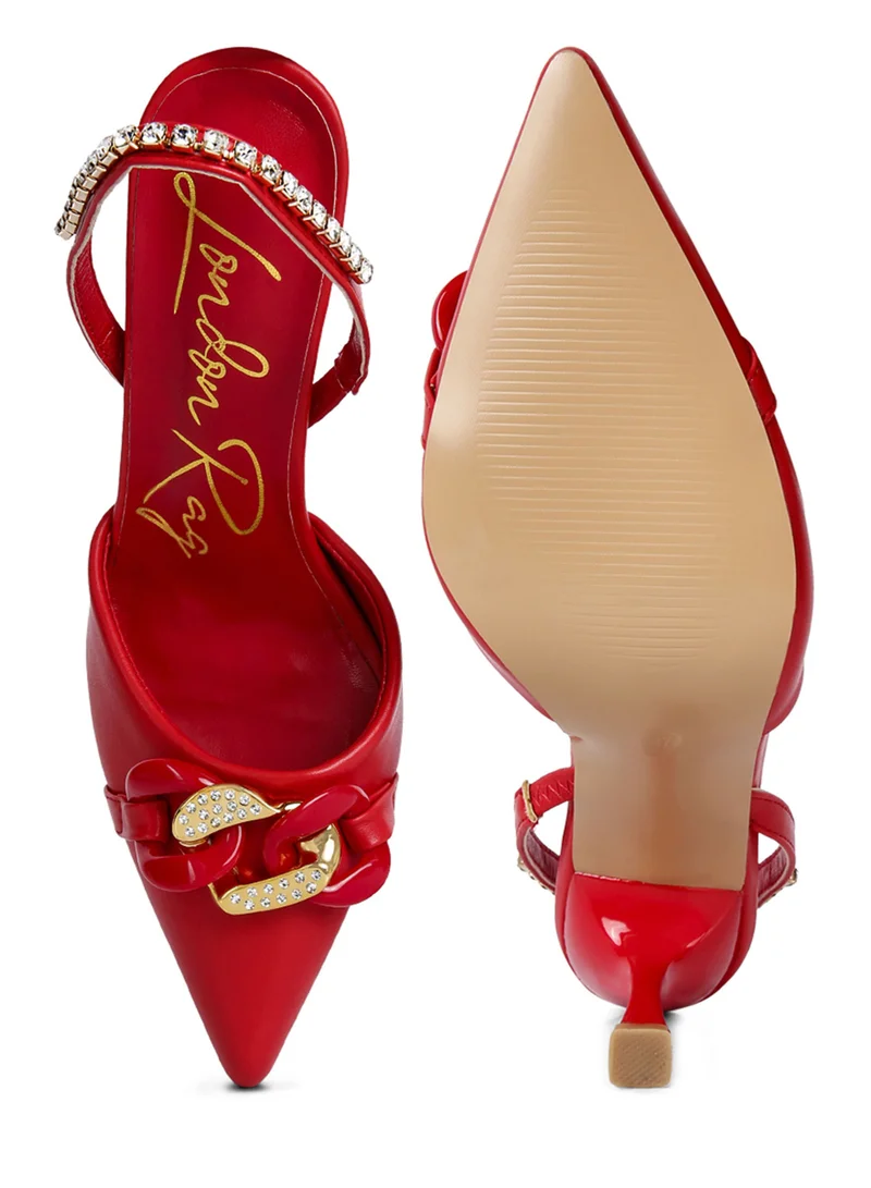 London Rag Red Diamante Metal Chain Sandals