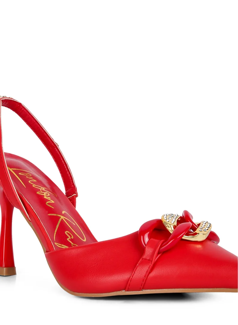 London Rag Red Diamante Metal Chain Sandals