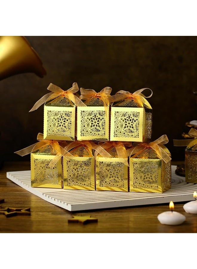 سكت شيكترو مجموعة علب حلوى عيد مبارك من ReliThick، 50 قطعة، علب هدايا رمضان مع شرائط، هدايا حفلات إسلامية، هدية شكر مقطوعة بالليزر باللون الذهبي لعيد مبارك، زينة حفلات إسلامية لأعياد الميلاد - Image 2