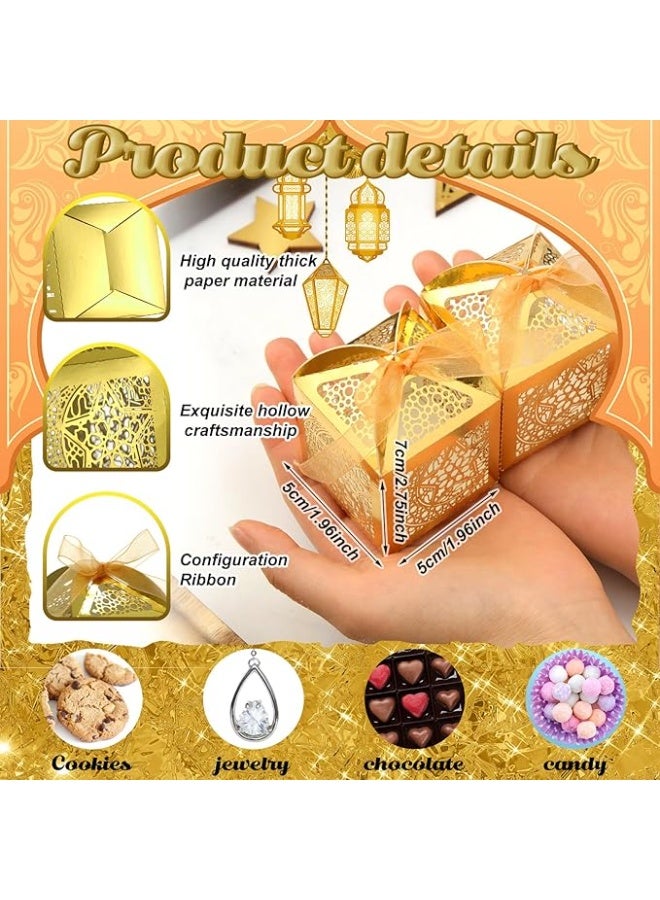 سكت شيكترو مجموعة علب حلوى عيد مبارك من ReliThick، 50 قطعة، علب هدايا رمضان مع شرائط، هدايا حفلات إسلامية، هدية شكر مقطوعة بالليزر باللون الذهبي لعيد مبارك، زينة حفلات إسلامية لأعياد الميلاد - Image 3