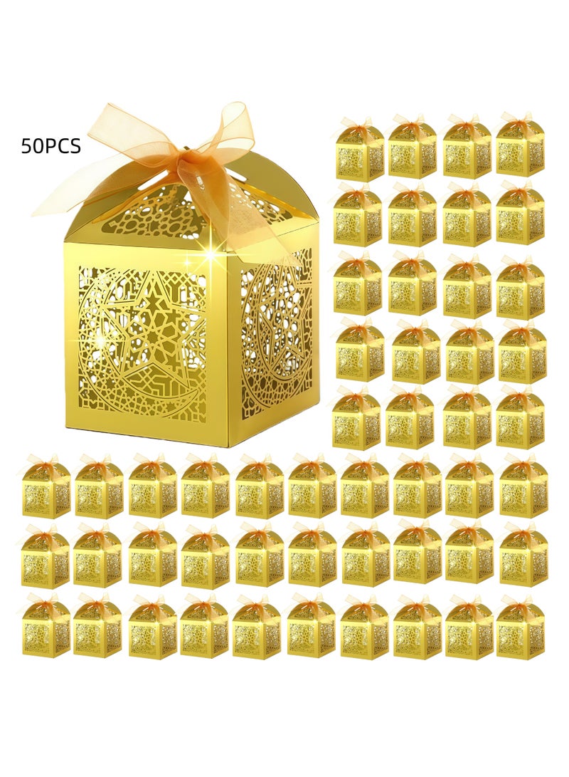 سكت شيكترو مجموعة علب حلوى عيد مبارك من ReliThick، 50 قطعة، علب هدايا رمضان مع شرائط، هدايا حفلات إسلامية، هدية شكر مقطوعة بالليزر باللون الذهبي لعيد مبارك، زينة حفلات إسلامية لأعياد الميلاد - Image 1