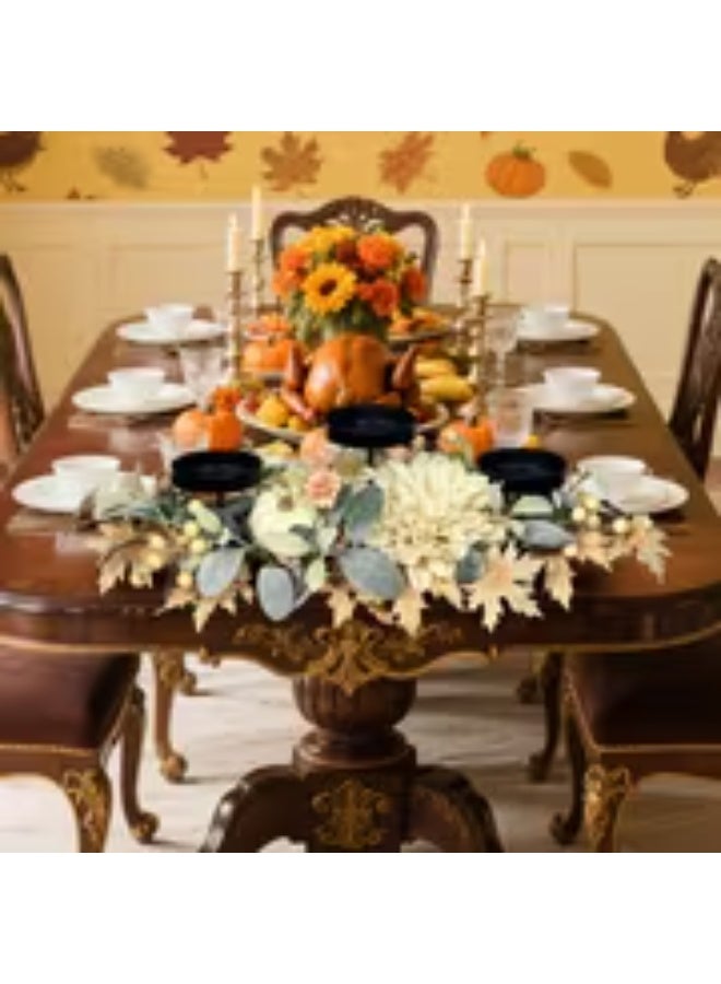 erorex 26-Inch Like Triple Candle Holder Centerpiece with Faux Cream Dahlia & Maple Leaves – Elegant Table Decor - Image 3