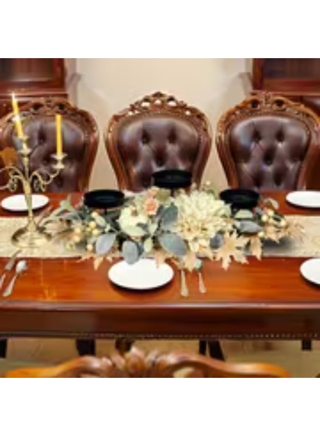 erorex 26-Inch Like Triple Candle Holder Centerpiece with Faux Cream Dahlia & Maple Leaves – Elegant Table Decor - Image 4