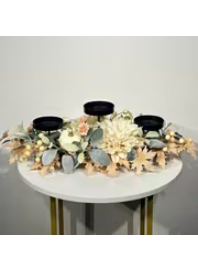 erorex 26-Inch Like Triple Candle Holder Centerpiece with Faux Cream Dahlia & Maple Leaves – Elegant Table Decor - Image 1