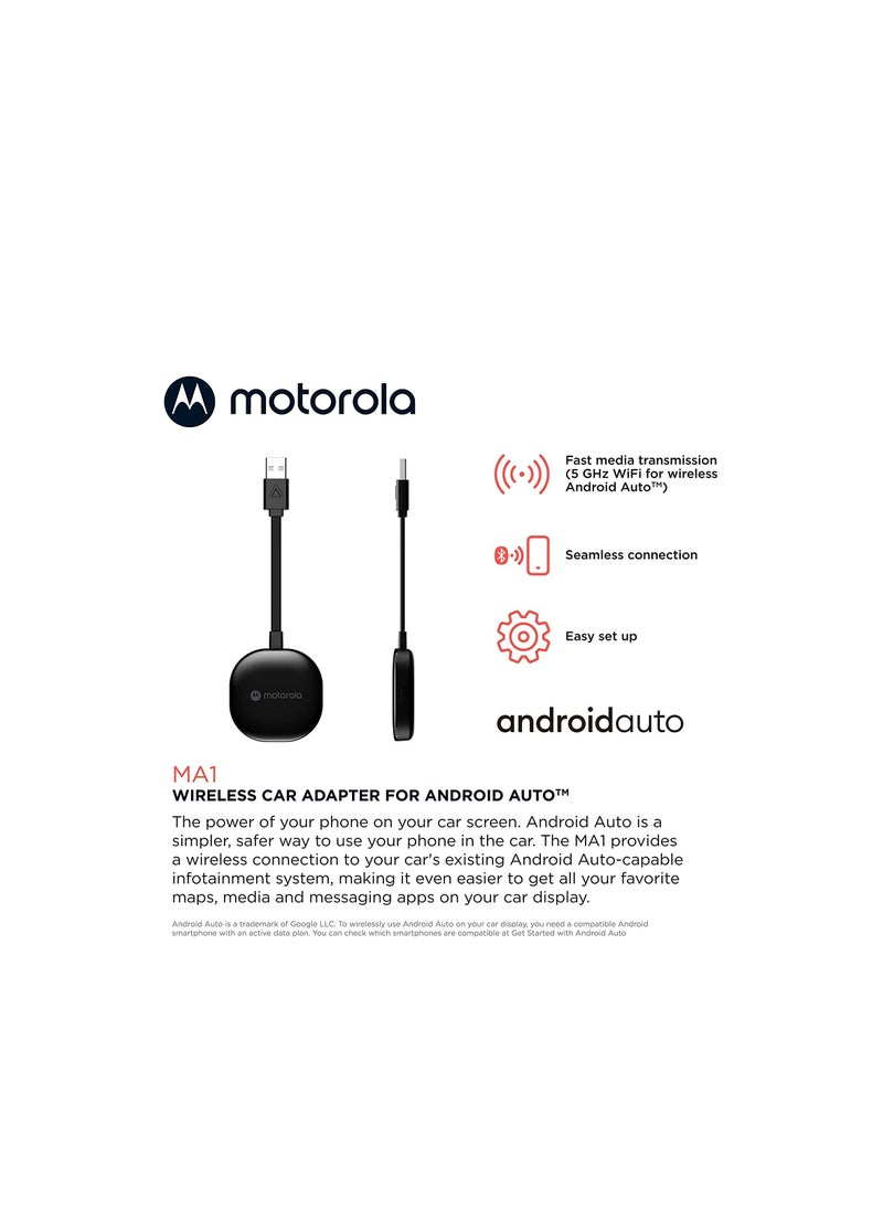 Motorola - Motorola MA1 Wireless Android Auto Car Adapter - Instant Connection from Smartphone to Car Screen with Easy Setup - Direct Plug-in USB Adapter - Secure Gel Pad Included - Image 1