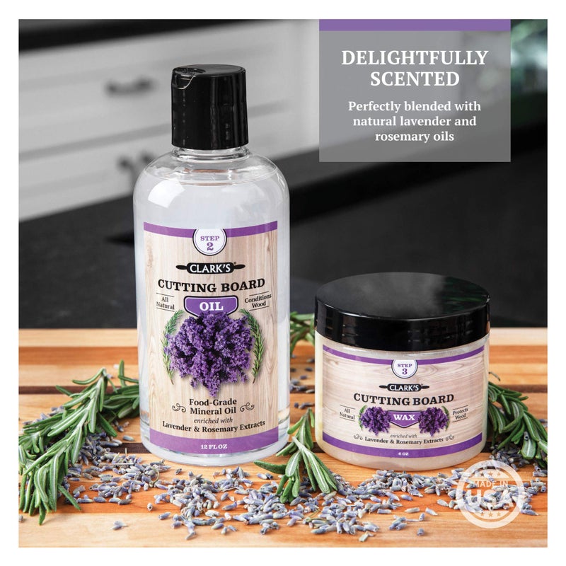 CLARK'S Food Grade Mineral Oil (12oz) and Carnauba Wax (6oz) Set - 100% Natural Butcher Block Oil and Cutting Board Wax - Food Safe Beeswax and Wood Cutting Board Oil with Lavender & Rosemary Extract - Image 3