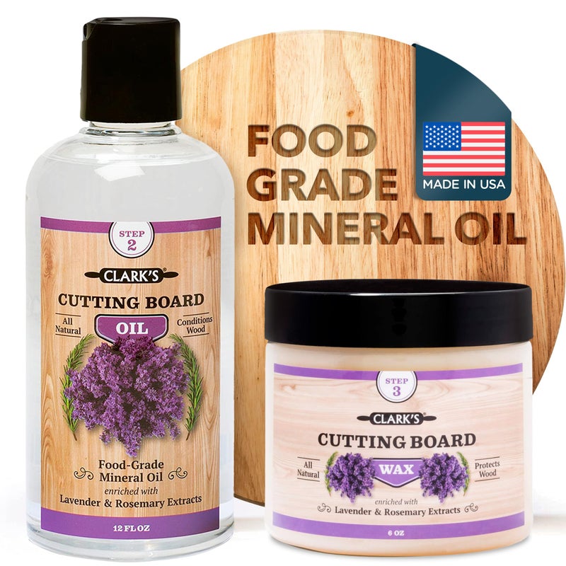 CLARK'S Food Grade Mineral Oil (12oz) and Carnauba Wax (6oz) Set - 100% Natural Butcher Block Oil and Cutting Board Wax - Food Safe Beeswax and Wood Cutting Board Oil with Lavender & Rosemary Extract - Image 1
