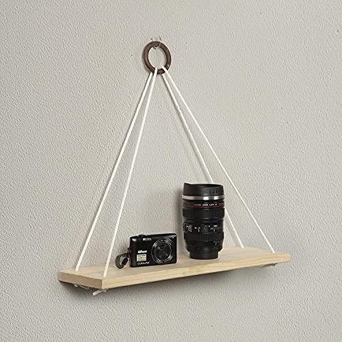 DS Enterprise |Real Pine Wood Floating Shelves, Hanging Swing Rope Shelves, Rustic Wall Decor Swing Shelf, Wall Shelves for Living Room/Home/Office Decor (1 Tier, 15 x 5 in) - Image 2