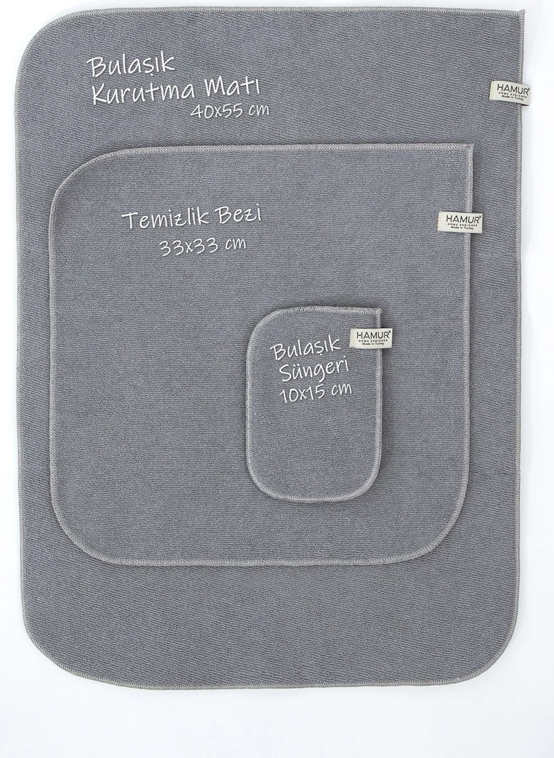 Hamur Dough Microwell 3 Pcs Microfiber Dish Drying Mat Kitchen Set 3-Piece Dark-Grey