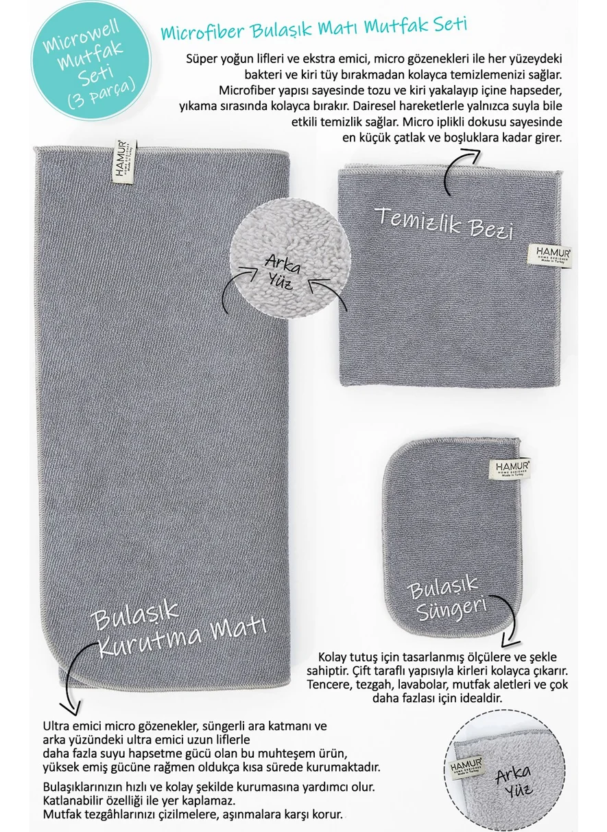 Hamur Dough Microwell 3 Pcs Microfiber Dish Drying Mat Kitchen Set 3-Piece Dark-Grey