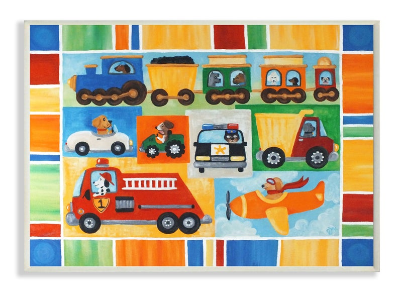 The Kids Room by Stupell Doggies Driving Vehicles Rectangle Wall Plaque 11 x 05 x 15 Proudly Made in USA