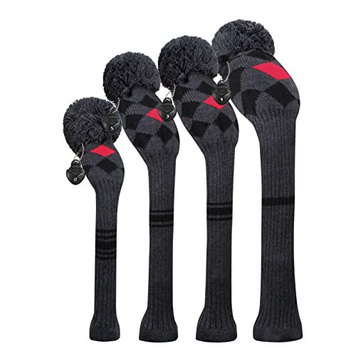Scott Edward Knit Wood Golf Covers 4 Pieces Handmade Knitted Item Fit Over Well Driver Wood460cc Fairway Wood2 and HybridUT Grey Red Black Argyle - Image 1