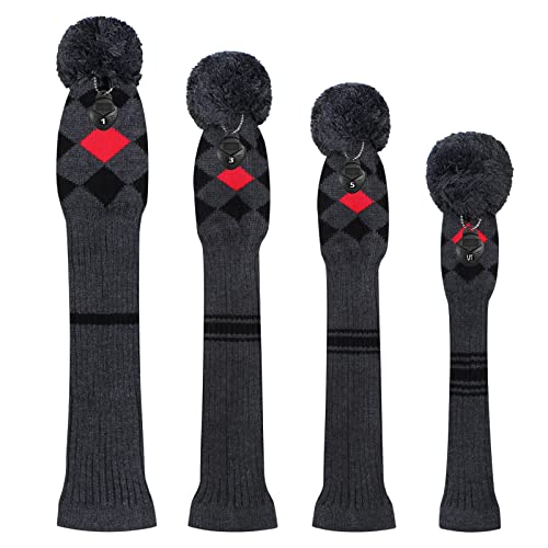 Scott Edward Knit Wood Golf Covers 4 Pieces Handmade Knitted Item Fit Over Well Driver Wood460cc Fairway Wood2 and HybridUT Grey Red Black Argyle - Image 3