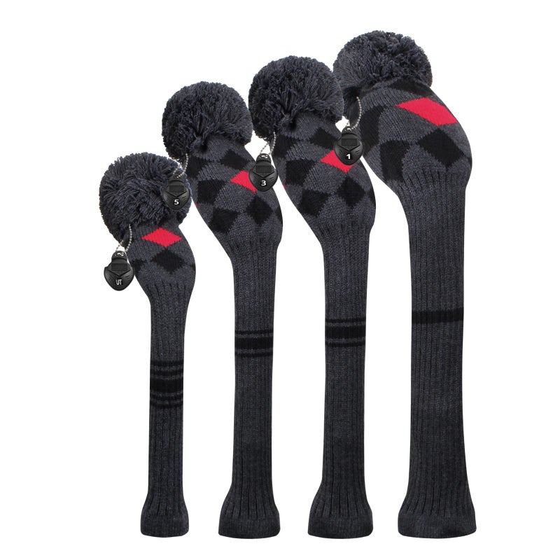 Scott Edward Knit Wood Golf Covers 4 Pieces Handmade Knitted Item Fit Over Well Driver Wood460cc Fairway Wood2 and HybridUT Grey Red Black Argyle - Image 2