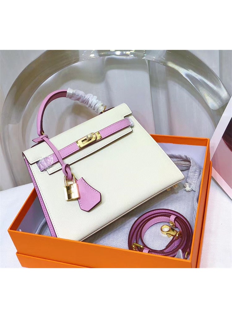 Generic - 2024 Summer New Kelly Palm Print Color-Block Leather Shoulder Bag 22cm white powder - Image 1