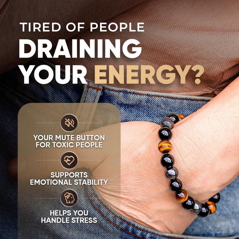 Conscious Items Triple Protection Bracelet, Tigers Eye, Hematite Stone, & Black Obsidian Bracelet, Spiritual Stone Bracelets for Women & Men, 7.87 in - Image 2