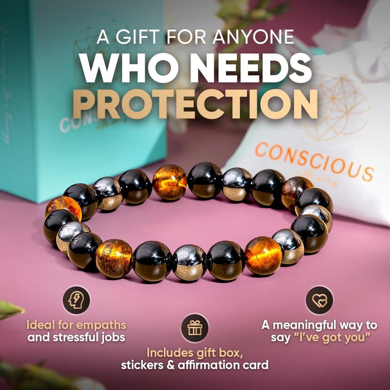 Conscious Items Triple Protection Bracelet, Tigers Eye, Hematite Stone, & Black Obsidian Bracelet, Spiritual Stone Bracelets for Women & Men, 7.87 in - Image 5