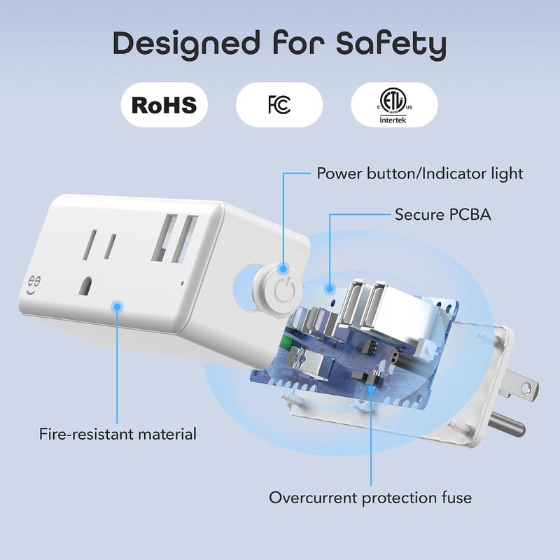 قابس جيني الذكي متعدد المنافذ مع مفتاح + شاحن ومنفذين USB، ومأخذ توفير الطاقة مع مراقبة الطاقة والتحكم عبر التطبيق، متوافق مع أليكسا وجوجل هوم (GN-WW131-199) - Image 4
