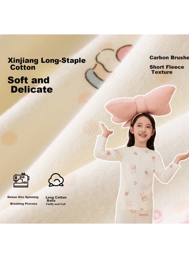 Dingguagua Girls' Cotton Autumn Winter Pajama Set, Class A Children's Sleepwear, Cream White, Size 150