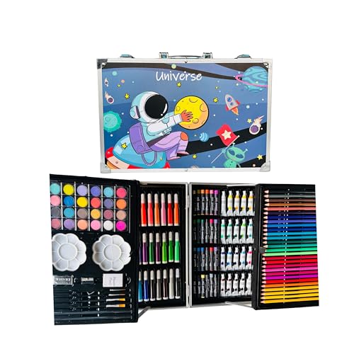 Kitchen Bloom Color Kit Art Set for Kids, 145 Pieces Drawing Kit with Colour Pencils, Oil Pastels, Paint Brushes, Water Colours, Marker Pens, Color Set for Kids (Astronaut in Space (Blue)) - Image 1