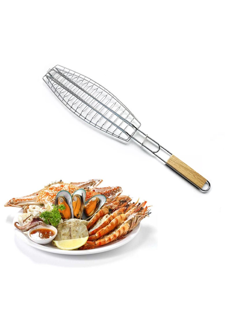 FYCAN FYCAN Roasting Fish Grilling Basket Vegetable With Folding Handle DIY Flexible Nonstick Outdoor Barbecue Tool Portable Chicken Burger Mesh BBQ with Wooden Handle  - Image 1