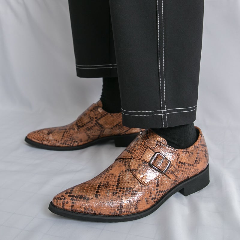 Men'S Large Size Buckle Snake Pattern Slip-On Leather Shoes 2025 Summer Trendy British Patent Leather Glossy Pointed Toe Men'S Shoes - Image 4