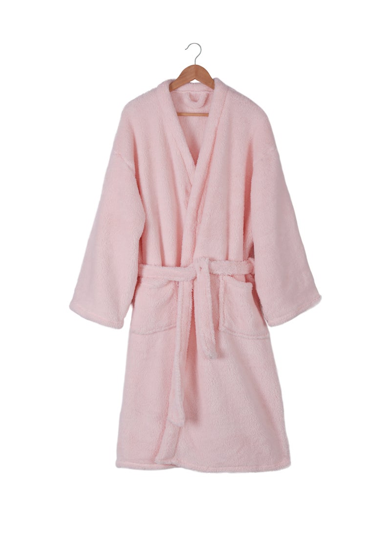 Noon East Lightweight Bathrobe - 240 Gsm 100% Polyester Soft Fuzzy Plush For Women - Cute Hood & Pocket - Solid Pink Color, M Size - Image 4